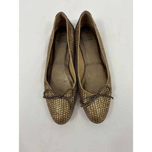 Stuart Weitzman Casino Sequin Ballet Flats Gold 7.5 M Bows - Picture 1 of 9